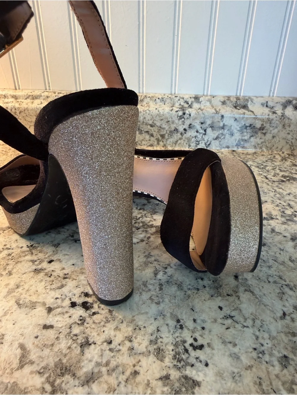 Betsey Johnson Black Platform Ankle-Strap Sandals with Gold Glitter Heel